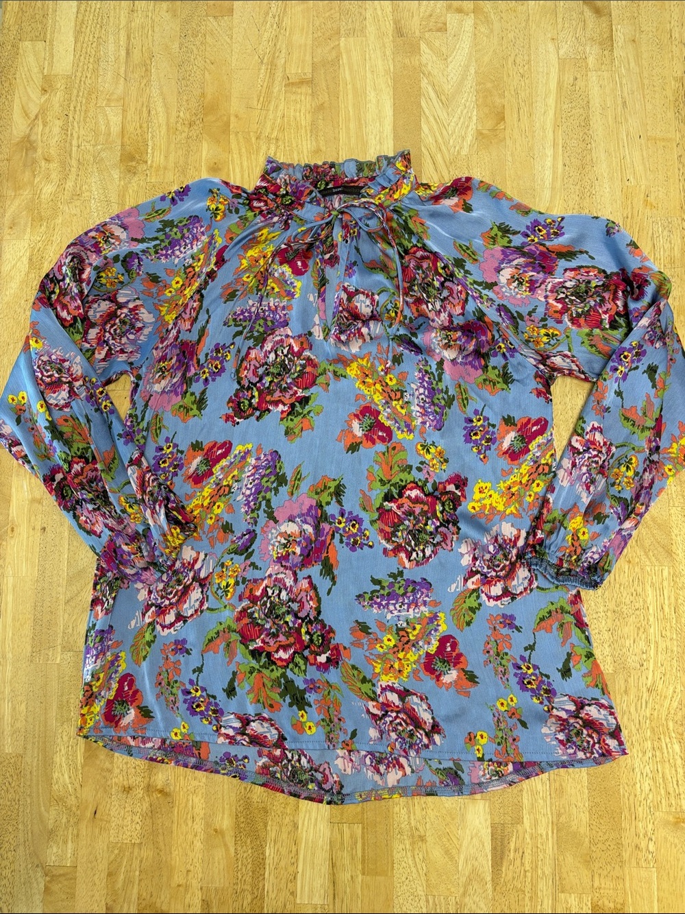 Hazel Blue Floral Print Ruffled High Tie Neck Boho Balloon Sleeve Blouse Top S